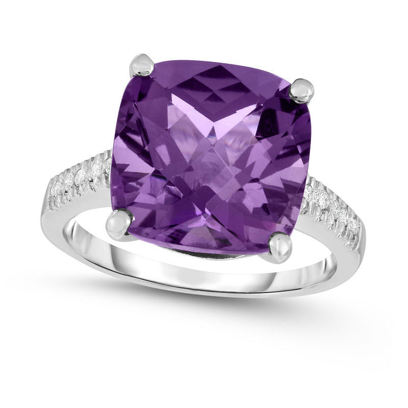 12.0mm Cushion-Cut Amethyst and 0.07 CT. T.W. Natural Diamond Ring in Solid 14K White Gold