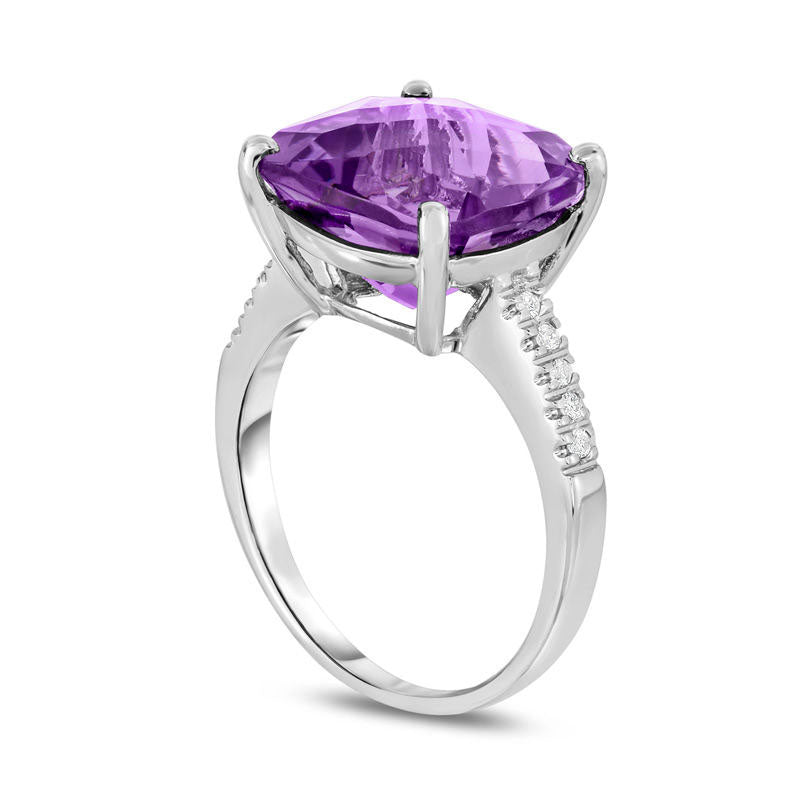 12.0mm Cushion-Cut Amethyst and 0.07 CT. T.W. Natural Diamond Ring in Solid 14K White Gold