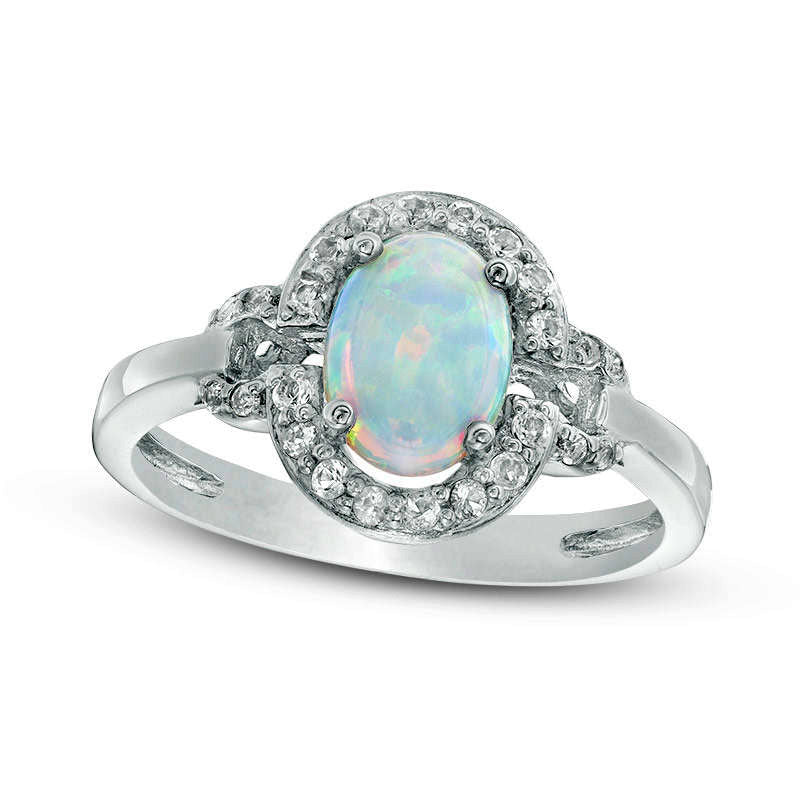 Oval Lab-Created Opal and White Topaz Frame Ring in Sterling Silver