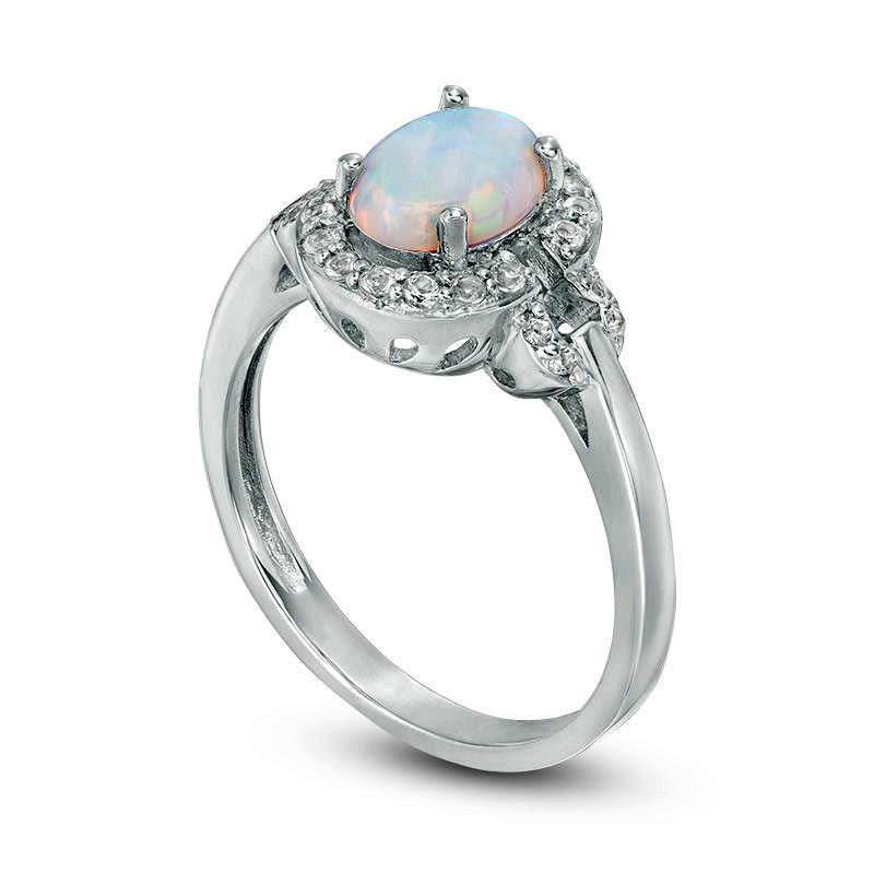 Oval Lab-Created Opal and White Topaz Frame Ring in Sterling Silver