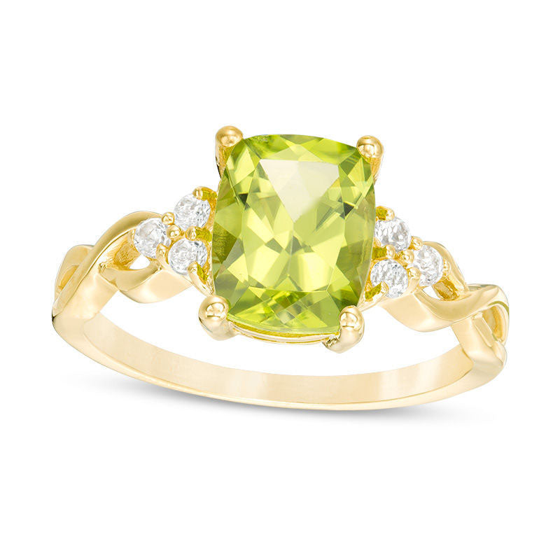 Cushion-Cut Peridot and White Topaz Tri-Sides Twist Ring in Solid 10K Yellow Gold