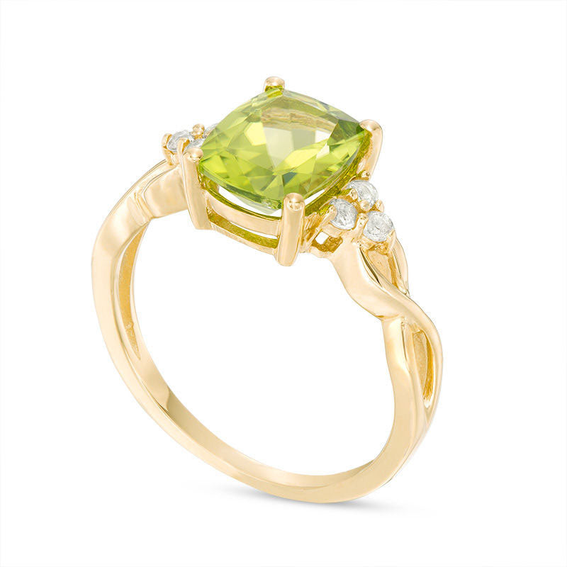 Cushion-Cut Peridot and White Topaz Tri-Sides Twist Ring in Solid 10K Yellow Gold