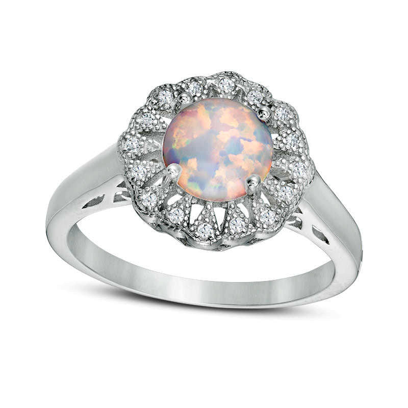 7.0mm Lab-Created Opal and White Topaz Flower Frame Ring in Sterling Silver