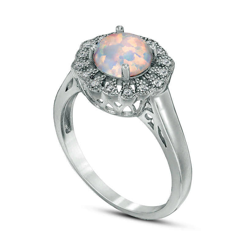 7.0mm Lab-Created Opal and White Topaz Flower Frame Ring in Sterling Silver