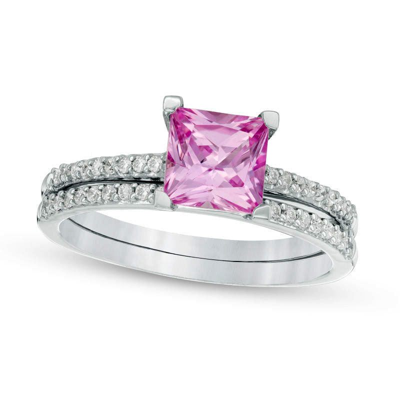 6.0mm Princess-Cut Lab-Created Pink Sapphire and 0.20 CT. T.W. Diamond Bridal Engagement Ring Set in Sterling Silver