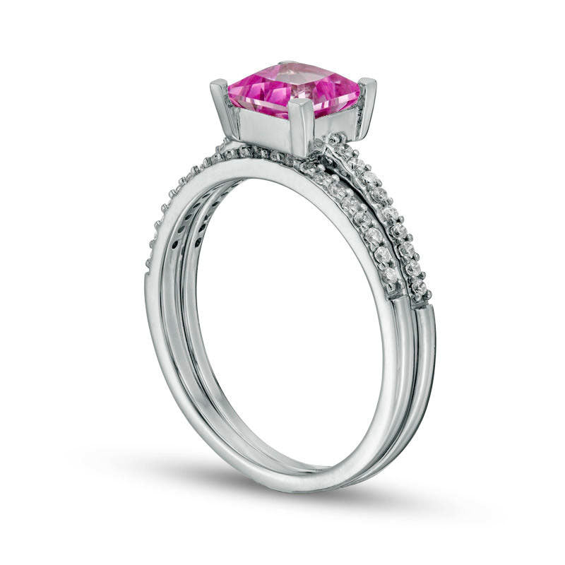 6.0mm Princess-Cut Lab-Created Pink Sapphire and 0.20 CT. T.W. Diamond Bridal Engagement Ring Set in Sterling Silver