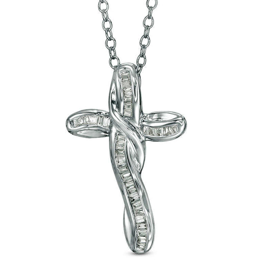 0.2 CT. T.W. Baguette Natural Diamond Cross Pendant in 14K White Gold