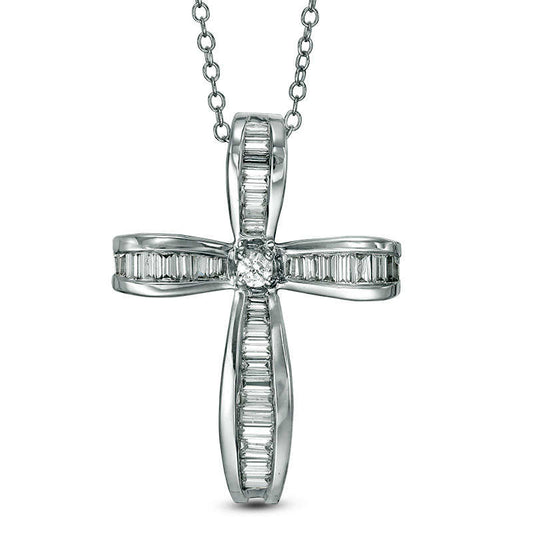 0.38 CT. T.W. Baguette and Round Natural Diamond Cross Pendant in 14K White Gold