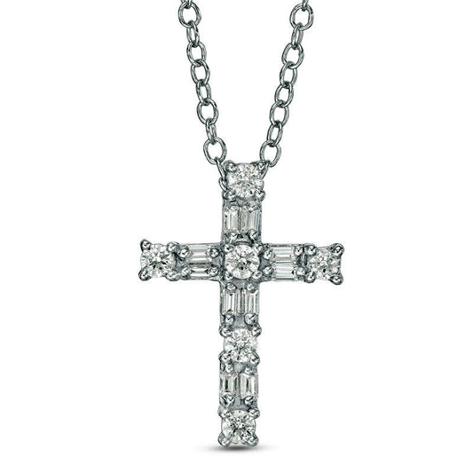 0.25 CT. T.W. Baguette and Round Natural Diamond Cross Pendant in 14K White Gold