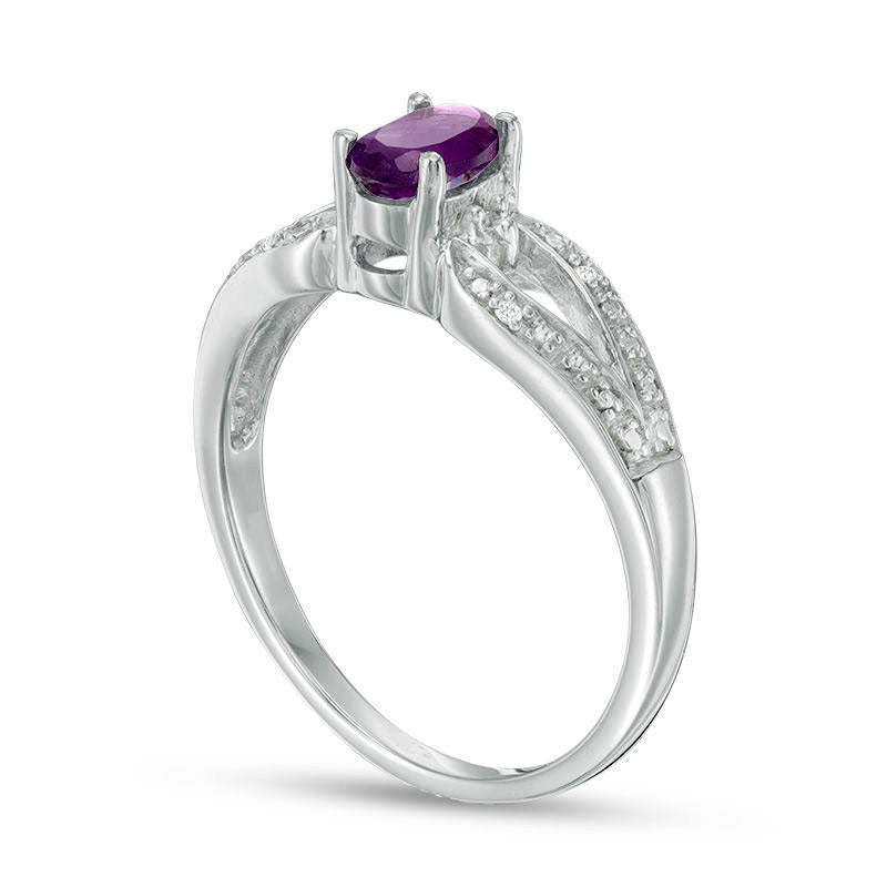 Oval Amethyst and Natural Diamond Accent Split Shank Ring in Sterling Silver