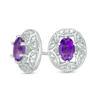 Oval Amethyst and Diamond Accent Star Frame Stud Earrings in Sterling Silver