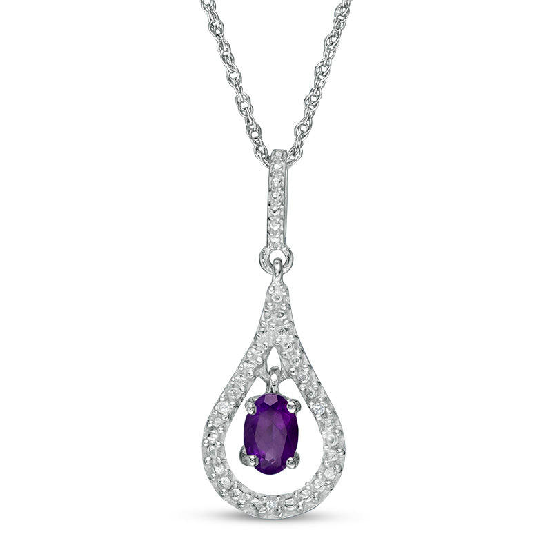 Oval Amethyst and Natural Diamond Accent Teardrop Pendant in Sterling Silver