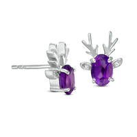 Oval Amethyst and Diamond Accent Reindeer Stud Earrings in Sterling Silver