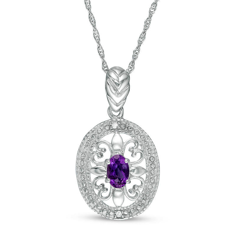 Oval Amethyst and Natural Diamond Accent Heart Antique Vintage-Style Pendant in Sterling Silver