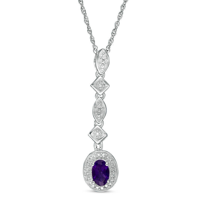 Oval Amethyst and Natural Diamond Accent Geometric Drop Pendant in Sterling Silver