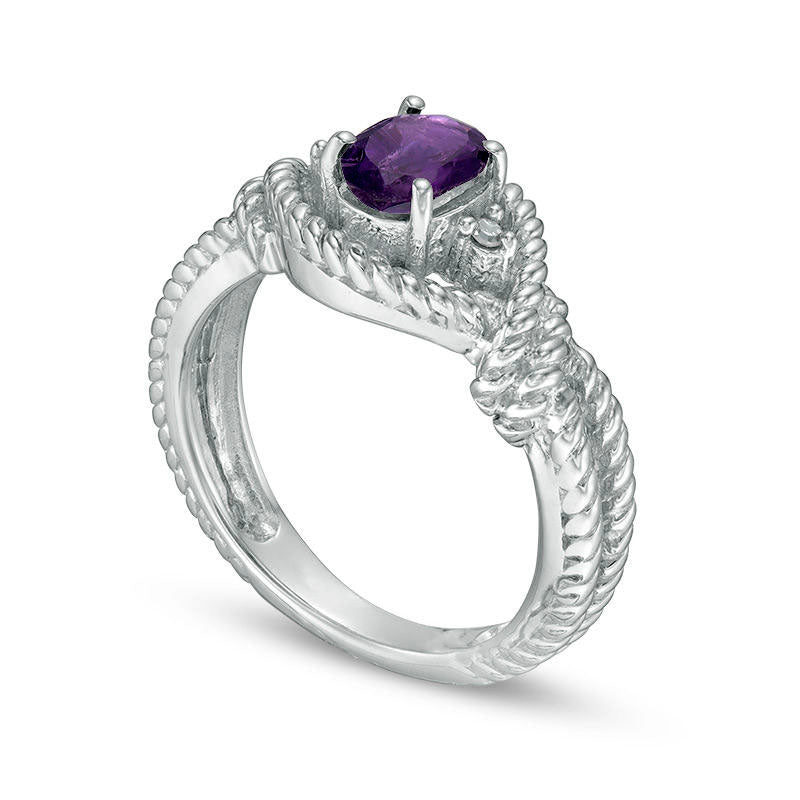 Oval Amethyst and Natural Diamond Accent Bypass Roped Shank Ring in Sterling Silver