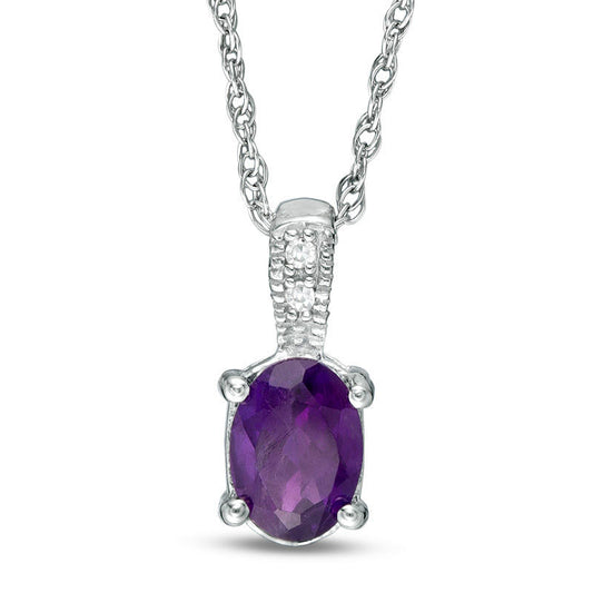 Oval Amethyst and Natural Diamond Accent Antique Vintage-Style Pendant in Sterling Silver