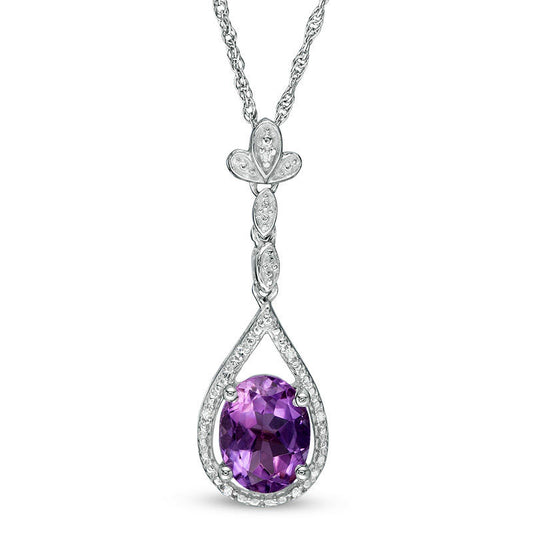 Oval Amethyst and Natural Diamond Accent Pear-Shaped Drop Pendant in Sterling Silver