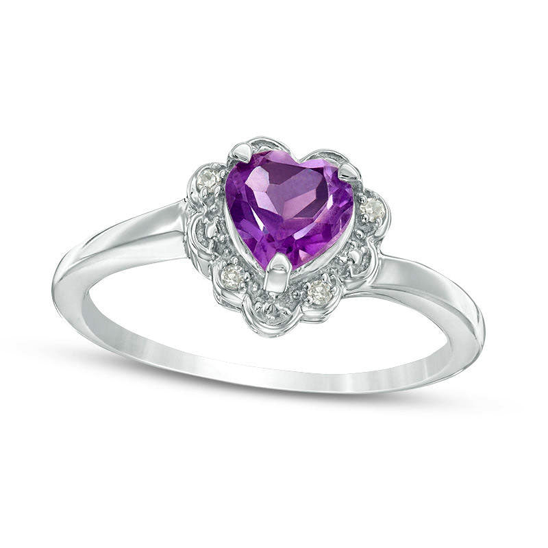 6.0mm Heart-Shaped Amethyst and Natural Diamond Accent Scallop Frame Ring in Sterling Silver