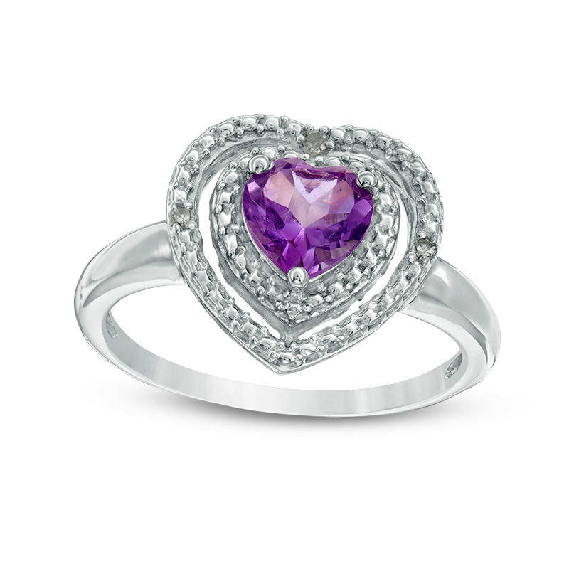 6.0mm Heart-Shaped Amethyst and Natural Diamond Accent Double Frame Ring in Sterling Silver