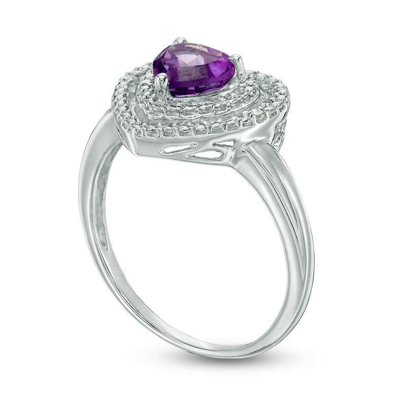 6.0mm Heart-Shaped Amethyst and Natural Diamond Accent Double Frame Ring in Sterling Silver