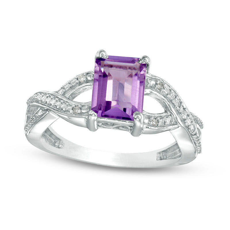 Emerald-Cut Amethyst and Natural Diamond Accent Twist Ring in Sterling Silver