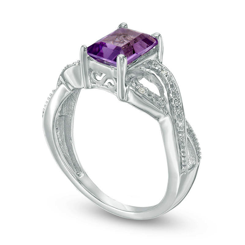 Emerald-Cut Amethyst and Natural Diamond Accent Twist Ring in Sterling Silver