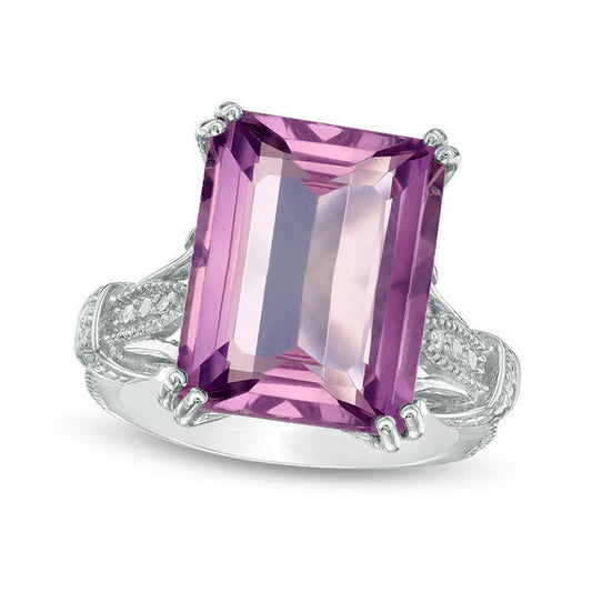 Emerald-Cut Amethyst and Natural Diamond Accent Antique Vintage-Style Ring in Sterling Silver