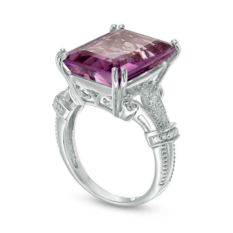 Emerald-Cut Amethyst and Natural Diamond Accent Antique Vintage-Style Ring in Sterling Silver