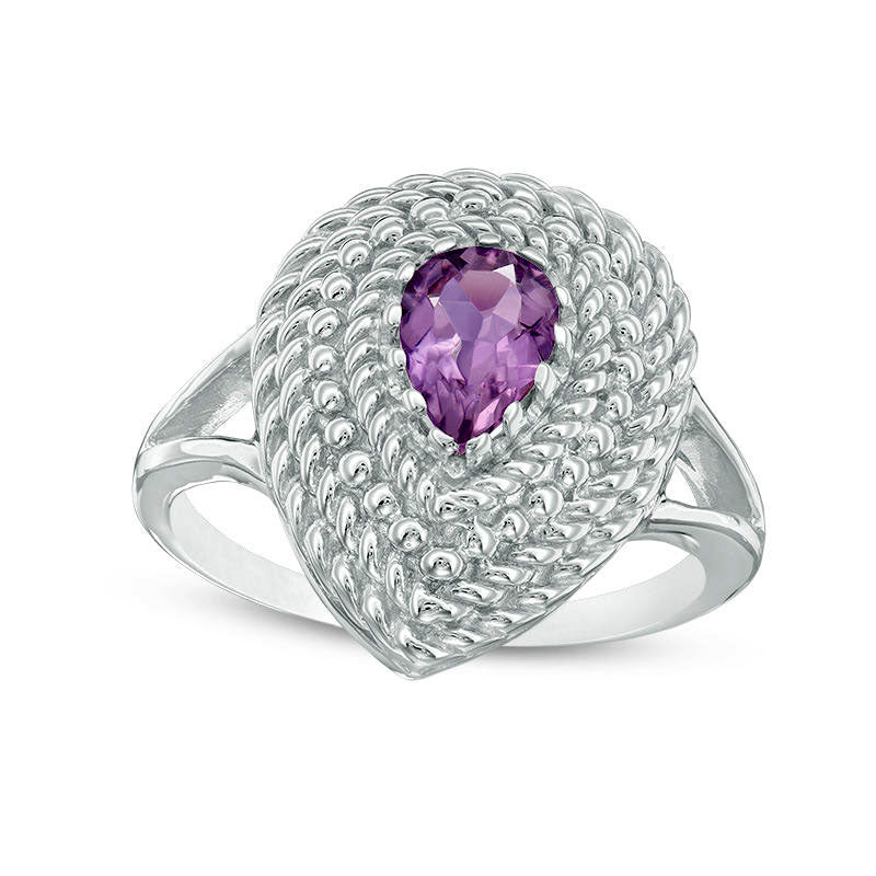 Pear-Shaped Amethyst Rope-Textured Frame Ring in Sterling Silver