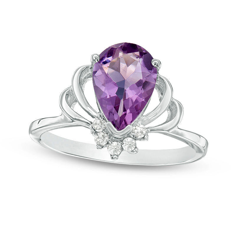 Pear-Shaped Amethyst and 0.07 CT. T.W. Natural Diamond Crown Ring in Sterling Silver