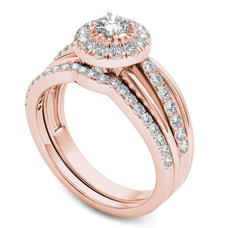 0.75 CT. T.W. Natural Diamond Frame Bridal Engagement Ring Set in Solid 14K Rose Gold