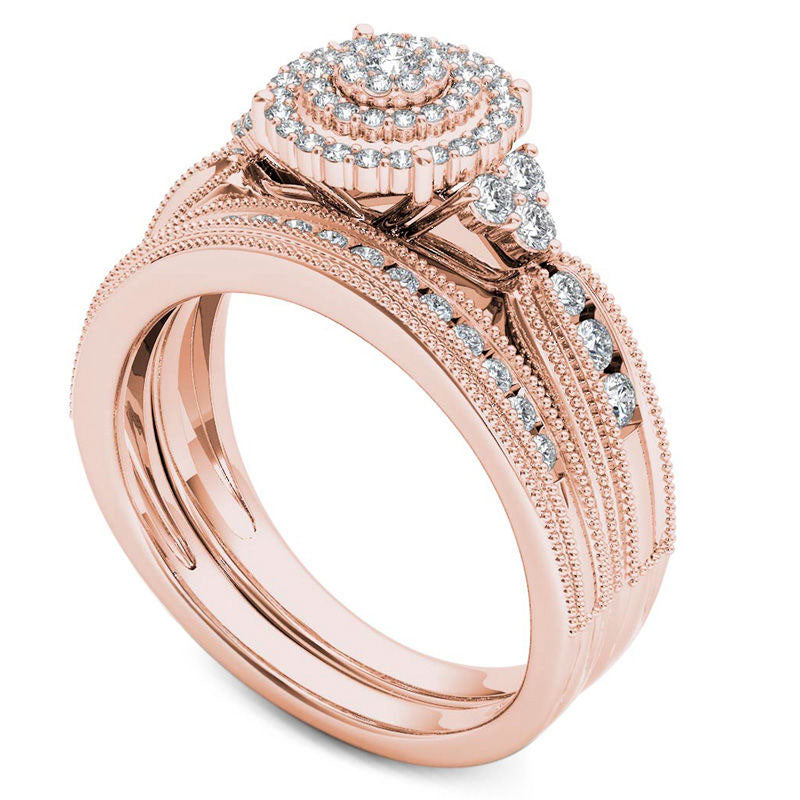 0.50 CT. T.W. Natural Diamond Triple Frame Tri-Sides Antique Vintage-Style Bridal Engagement Ring Set in Solid 10K Rose Gold