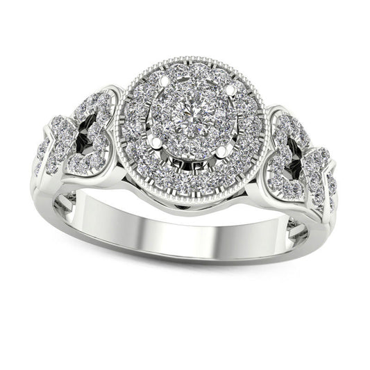 0.50 CT. T.W. Natural Diamond Double Frame Heart-Sides Antique Vintage-Style Engagement Ring in Solid 14K White Gold