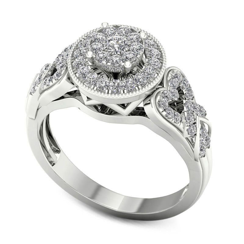 0.50 CT. T.W. Natural Diamond Double Frame Heart-Sides Antique Vintage-Style Engagement Ring in Solid 14K White Gold