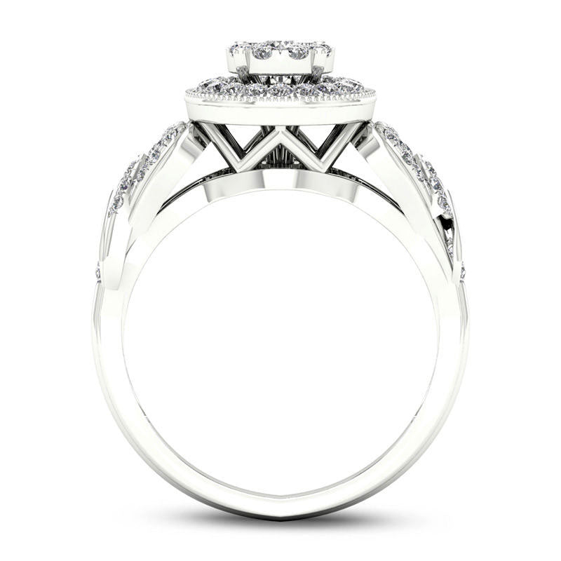 0.50 CT. T.W. Natural Diamond Double Frame Heart-Sides Antique Vintage-Style Engagement Ring in Solid 14K White Gold