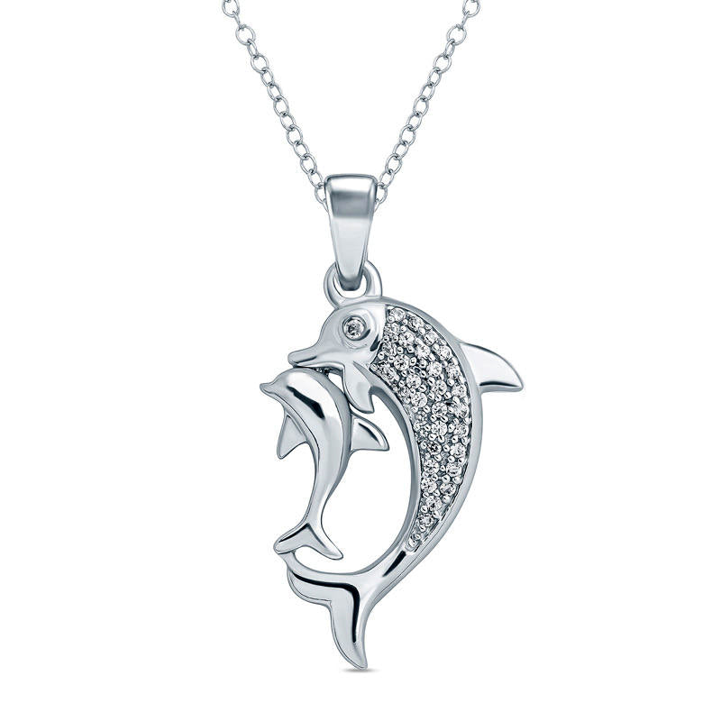 0.1 CT. T.W. Natural Diamond Dolphin and Calf Pendant in Sterling Silver