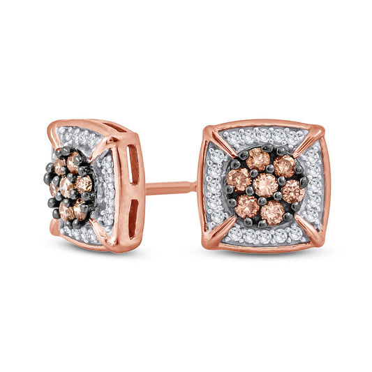 0.25 CT. T.W. Composite Champagne and White Diamond Cushion Frame Stud Earrings in 10K Rose Gold