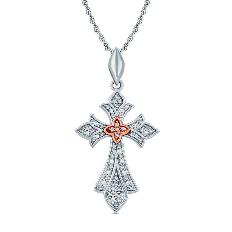 0.1 CT. T.W. Natural Diamond Gothic-Style Cross Pendant in Sterling Silver with 14K Rose Gold Plate