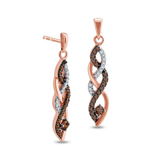 0.25 CT. T.W. Champagne and White Diamond Braid Drop Earrings in 10K Rose Gold