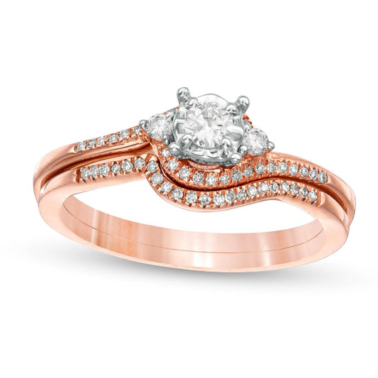 0.25 CT. T.W. Natural Diamond Bypass Three Stone Bridal Engagement Ring Set in Solid 10K Rose Gold