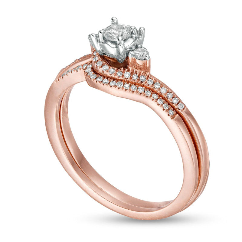 0.25 CT. T.W. Natural Diamond Bypass Three Stone Bridal Engagement Ring Set in Solid 10K Rose Gold