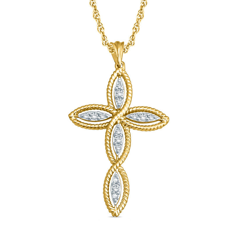 0.1 CT. T.W. Natural Diamond Twist Cross Pendant in 10K Yellow Gold