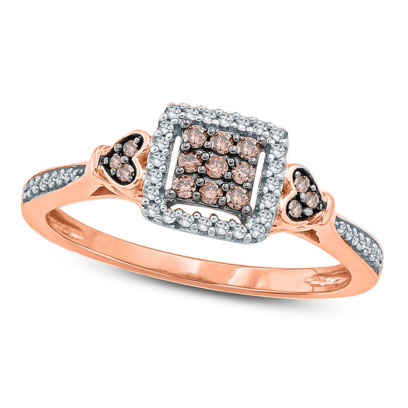 0.25 CT. T.W. Composite Champagne and White Natural Diamond Cushion Frame Heart Sides Promise Ring in Solid 10K Rose Gold