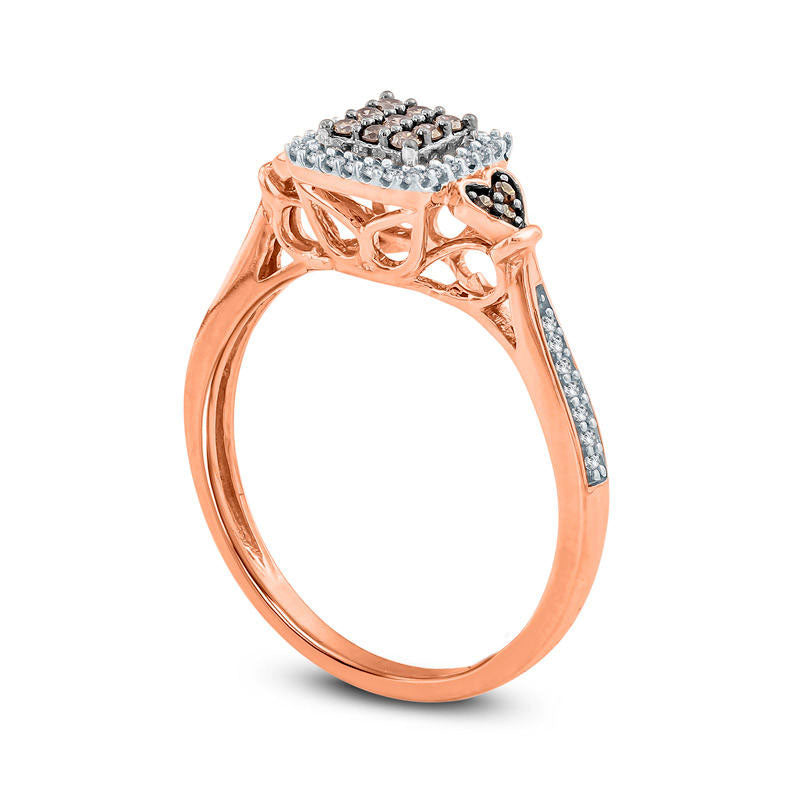 0.25 CT. T.W. Composite Champagne and White Natural Diamond Cushion Frame Heart Sides Promise Ring in Solid 10K Rose Gold