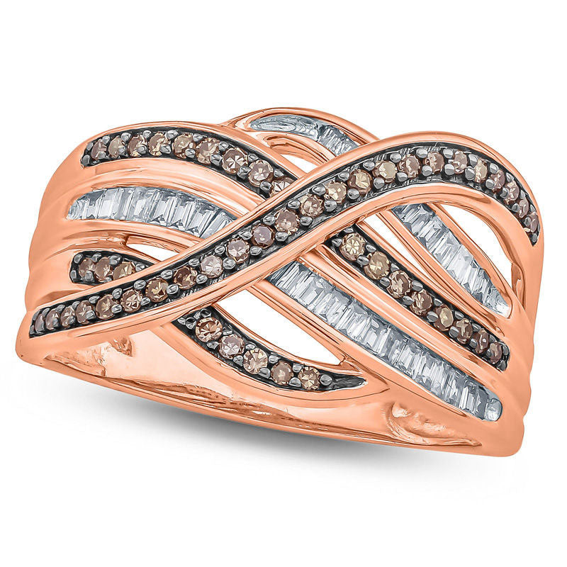 0.50 CT. T.W. Champagne and White Natural Diamond Crossover Ring in Solid 10K Rose Gold