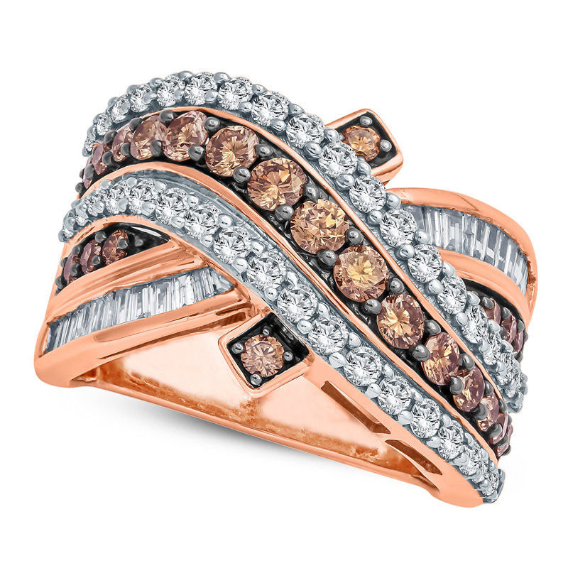 2.0 CT. T.W. Champagne and White Natural Diamond Crossover Ring in Solid 10K Rose Gold