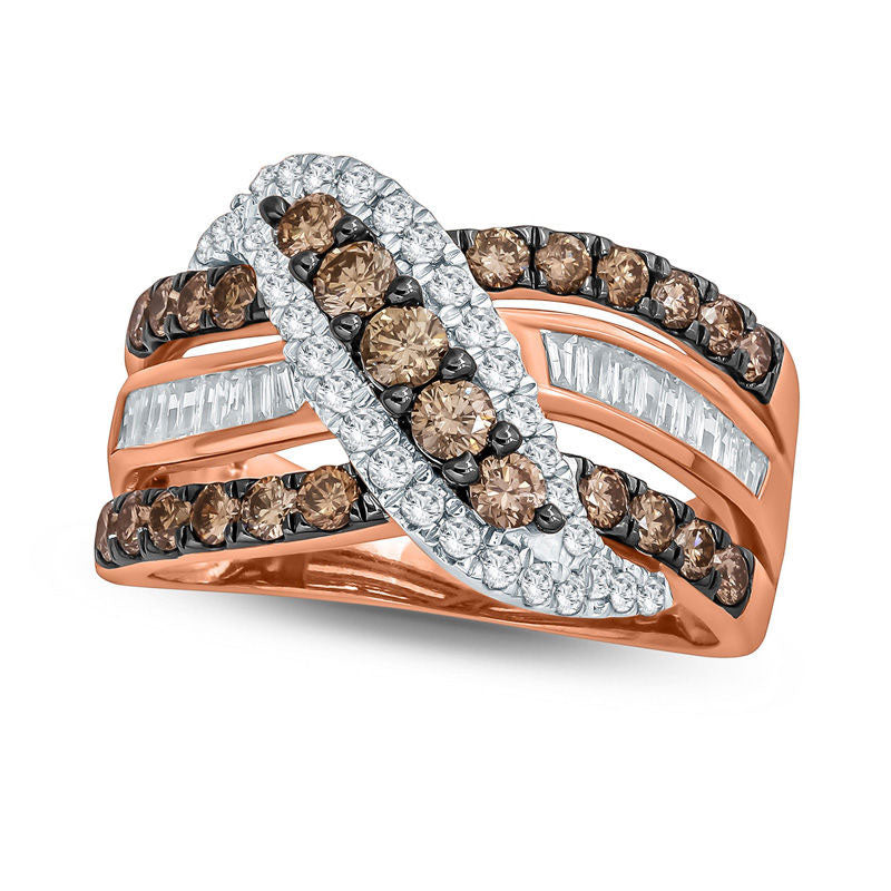 1.5 CT. T.W. Champagne and White Natural Diamond Five Stone Crossover Ring in Solid 10K Rose Gold