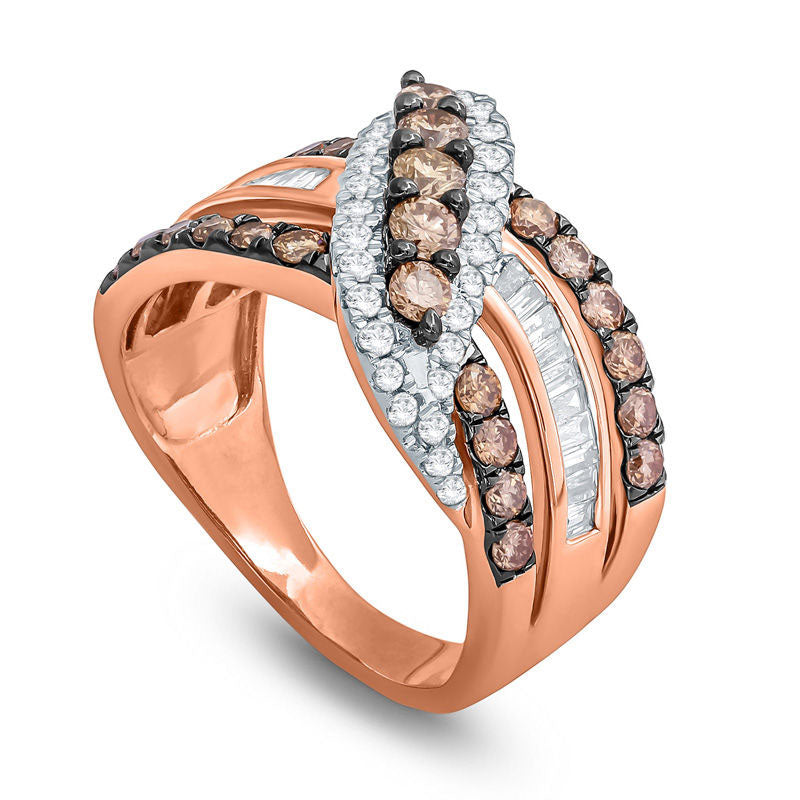 1.5 CT. T.W. Champagne and White Natural Diamond Five Stone Crossover Ring in Solid 10K Rose Gold