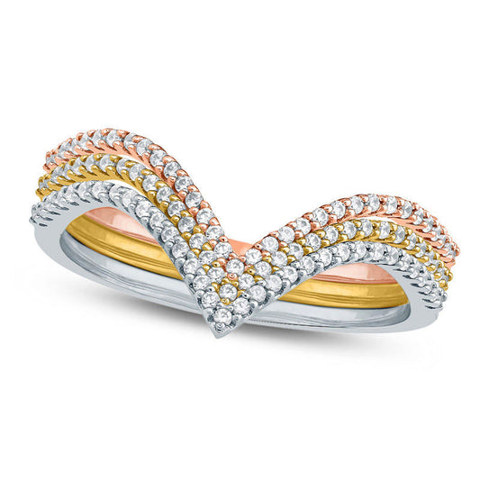 0.33 CT. T.W. Natural Diamond Chevron Three Piece Stackable Band Set in Solid 10K Tri-Tone Gold